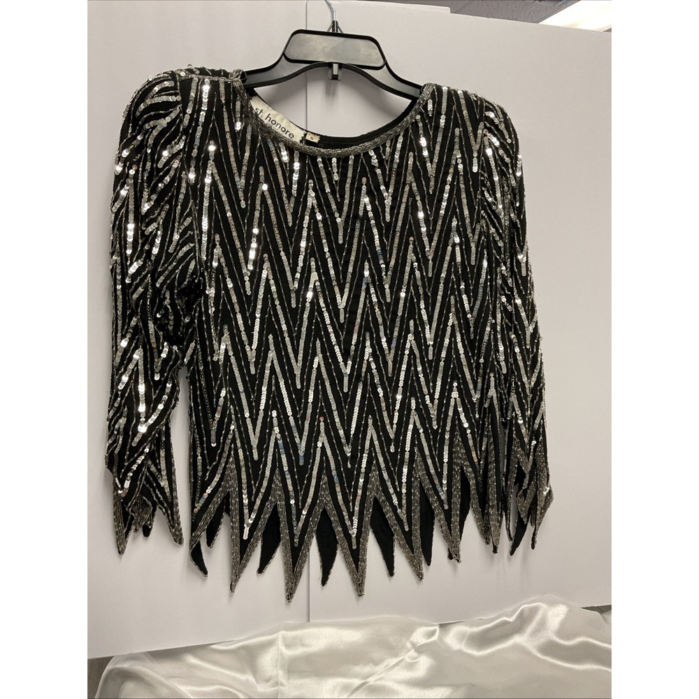 Vintage 1970s St. Honore 100% Silk Beaded  Sequins Blouse Zigzag Hem Small- Med